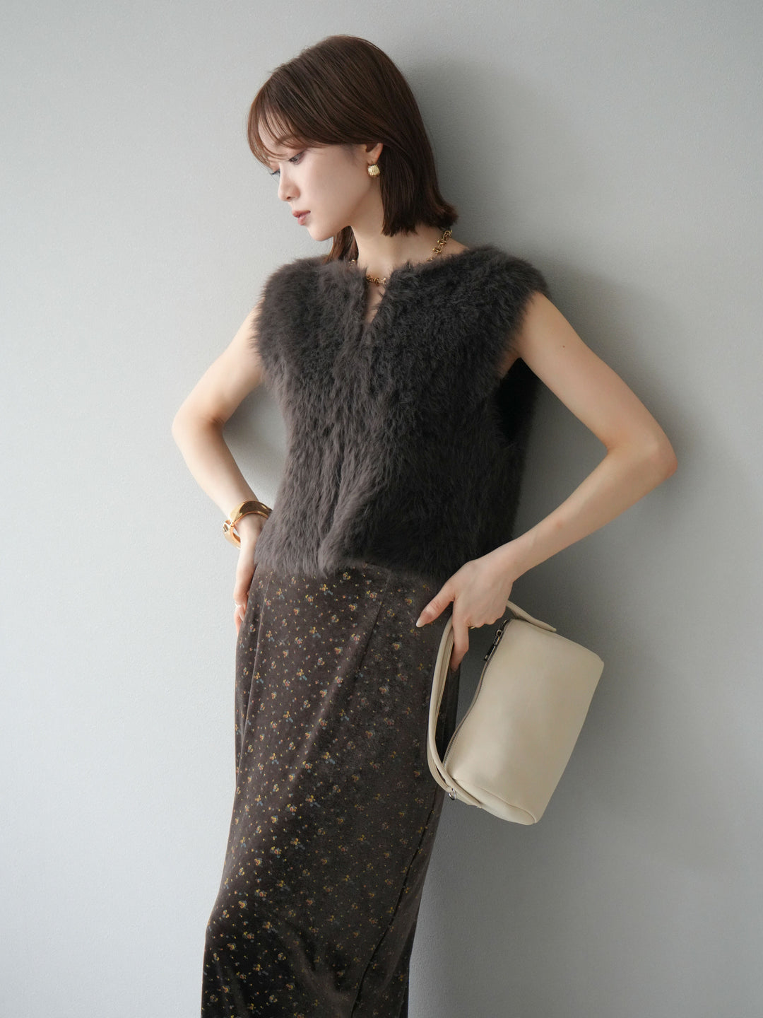 [予約]ミンクライク前後2WAYショートジレ/ブラウン