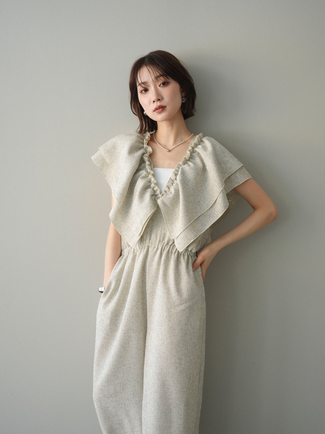 [SET]3WAYミックスツイードギャザーオールインワン+選べるアクセセット(2set)