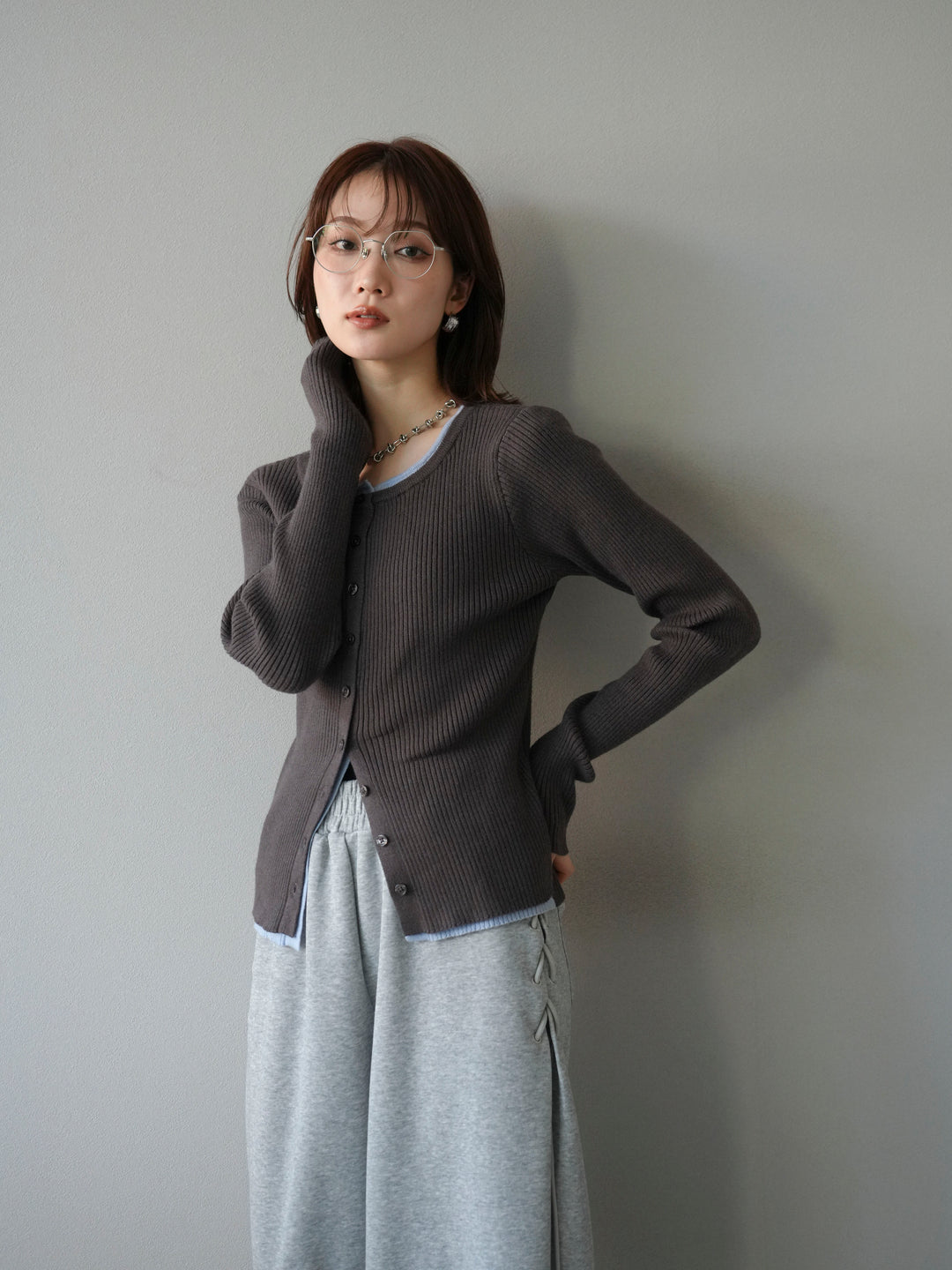 [予約]レイヤード配色ニットカーディガン/グレー