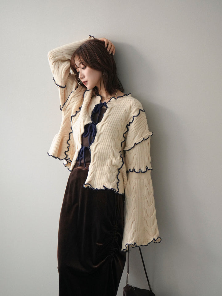 [SET]フロントリボン配色メローニットカーディガン+ギャザーベロアスカート(2set)