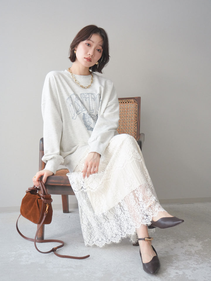 [SET]カレッジロゴ刺繍BIGスウェットプルオーバー+裏プリーツ総レースロングスカート(2set)