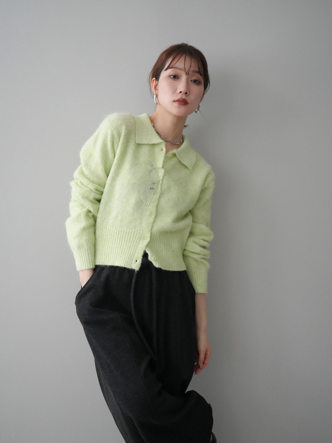 [予約]モヘア衿付きボタンプルオーバー/lime