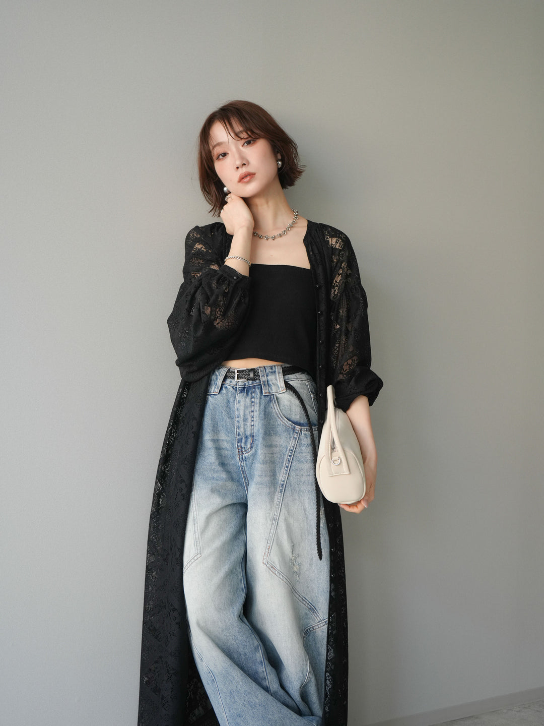 【預購】薄紗蕾絲長裙 / 黑色