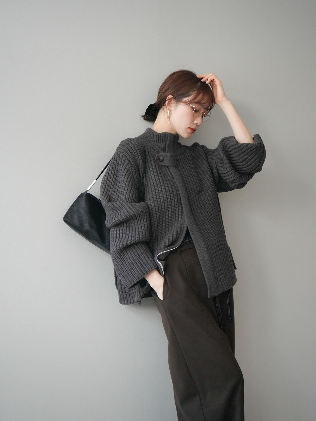 [SET]畦編みボトルネックZIPニットカーディガン+ベルト付裏起毛センターシームカーブパンツ(2set)