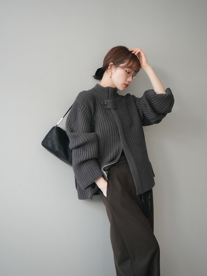 [SET]畦編みボトルネックZIPニットカーディガン+ベルト付裏起毛センターシームカーブパンツ(2set)