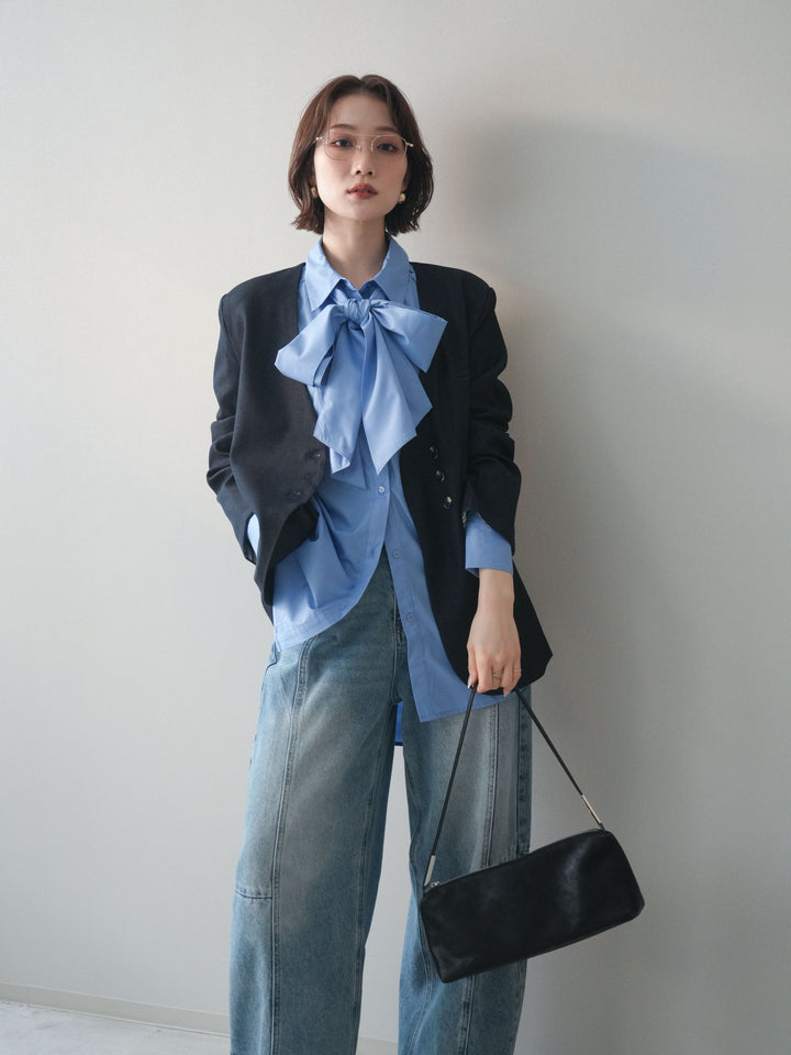 [SET]ノーカラージャケット+ボウタイ付オーバーシャツ(2set)