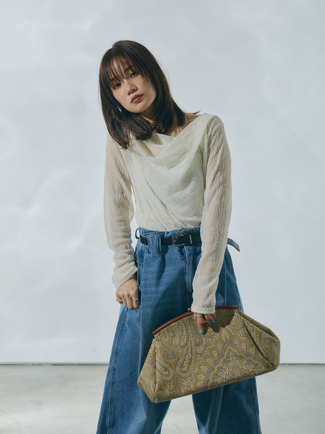 【Allure】[SET]ストレッチレースドレープトップス+ハイウエストベルトループデザインデニムパンツ(2set)