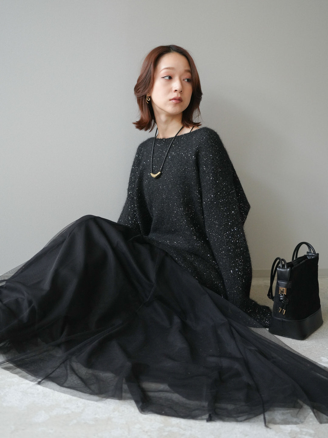 [予約]スパンコールミニシャギーニットチュニック/black