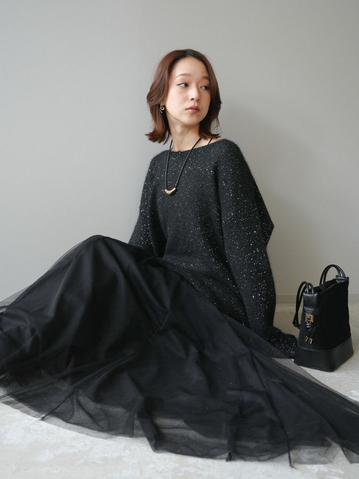 [予約]スパンコールミニシャギーニットチュニック/black