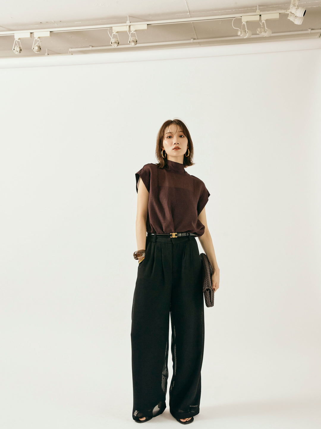 【Allure】[SET]シャイニーシアーブラウス+メッシュタックワイドパンツ(2set)