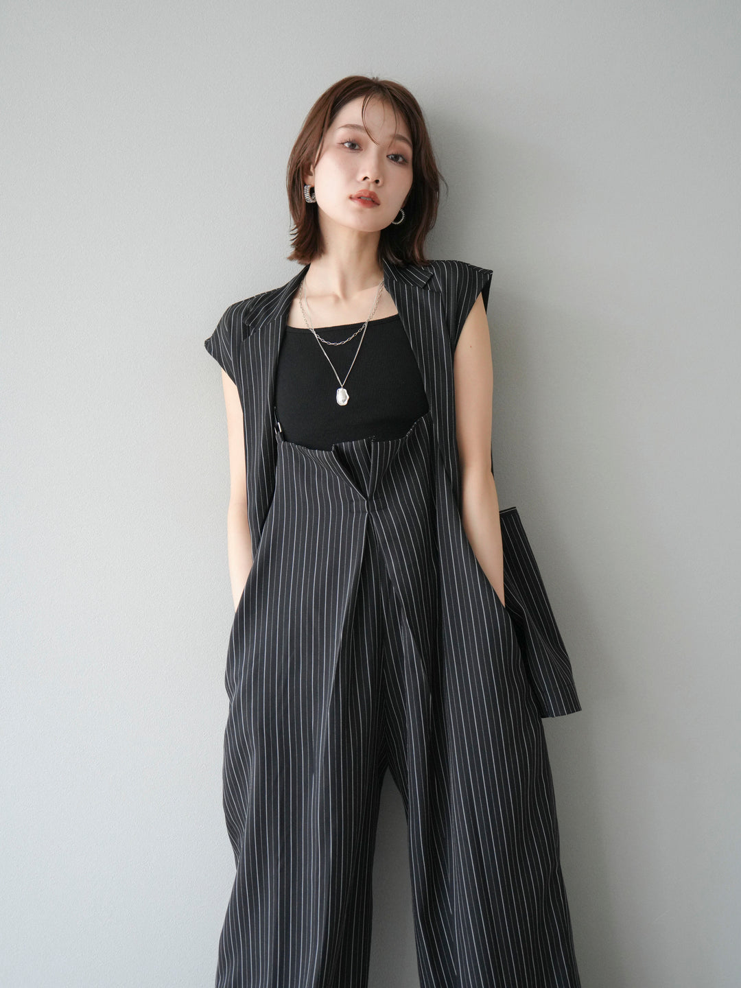 【着回しセット】[SET]ヘリンボーンストライプジレ+シアー切替ベロアトップス+ヘリンボーンストライプサロペット(3set)