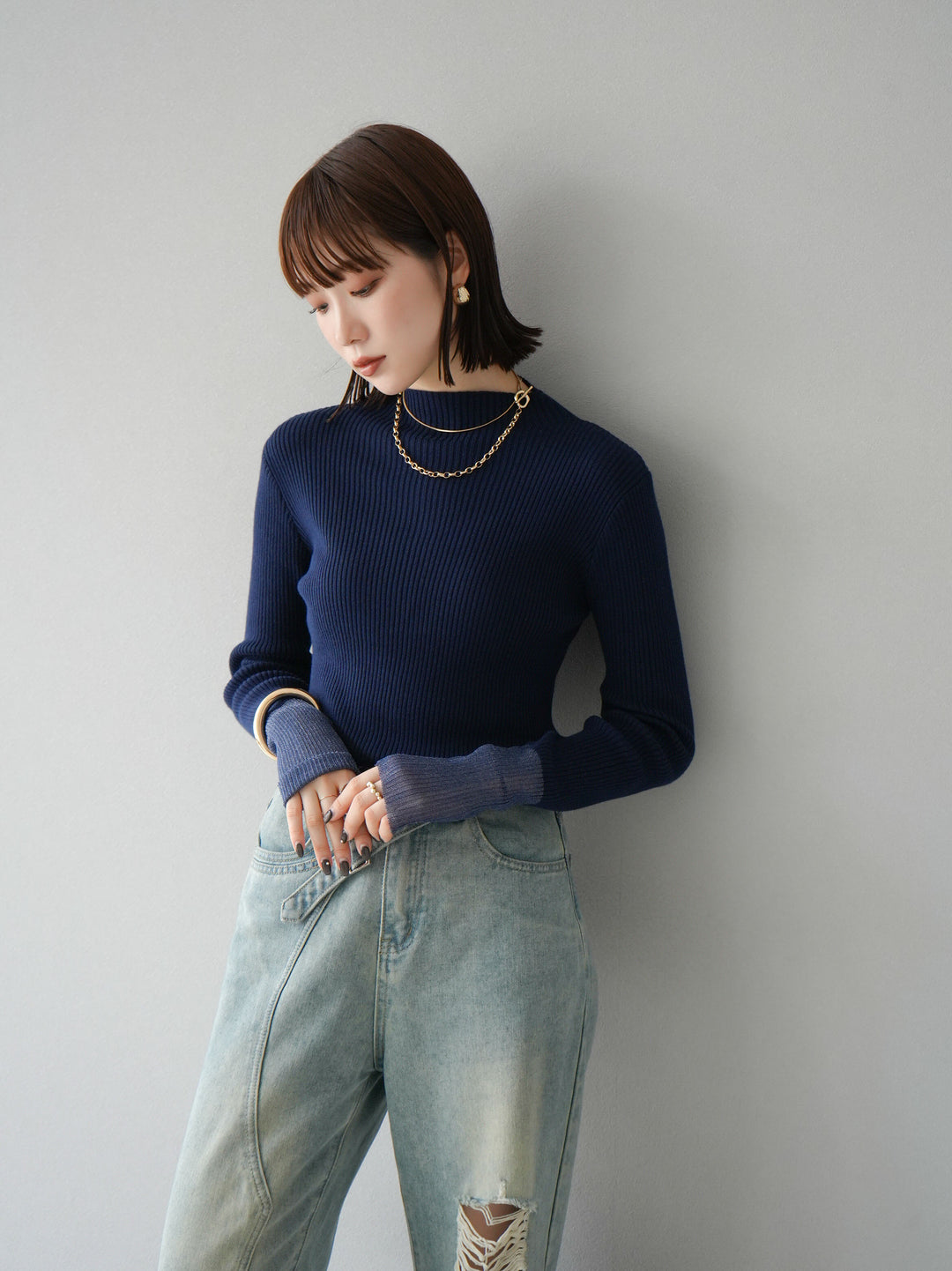 [予約]袖ラメシアー切替リブニットトップス/ネイビー