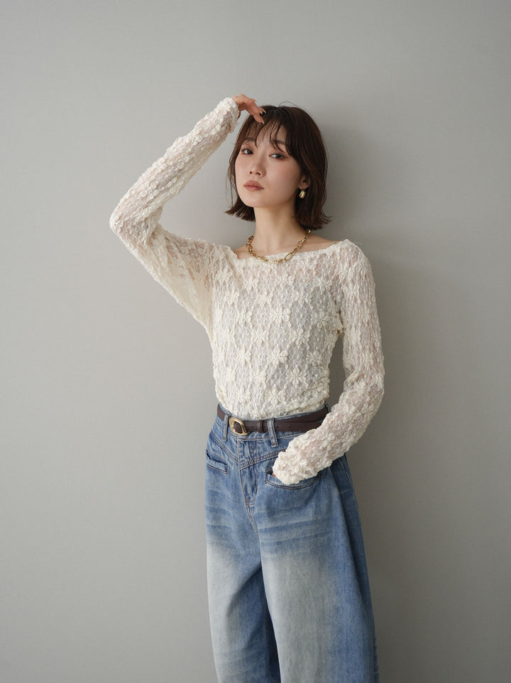 [SET]サイドギャザーレーストップス+フロントポケットサイドタックワイドデニム(2set)