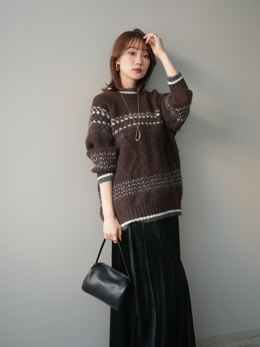[予約]裾配色ノルディック柄ニットプルオーバー/brown