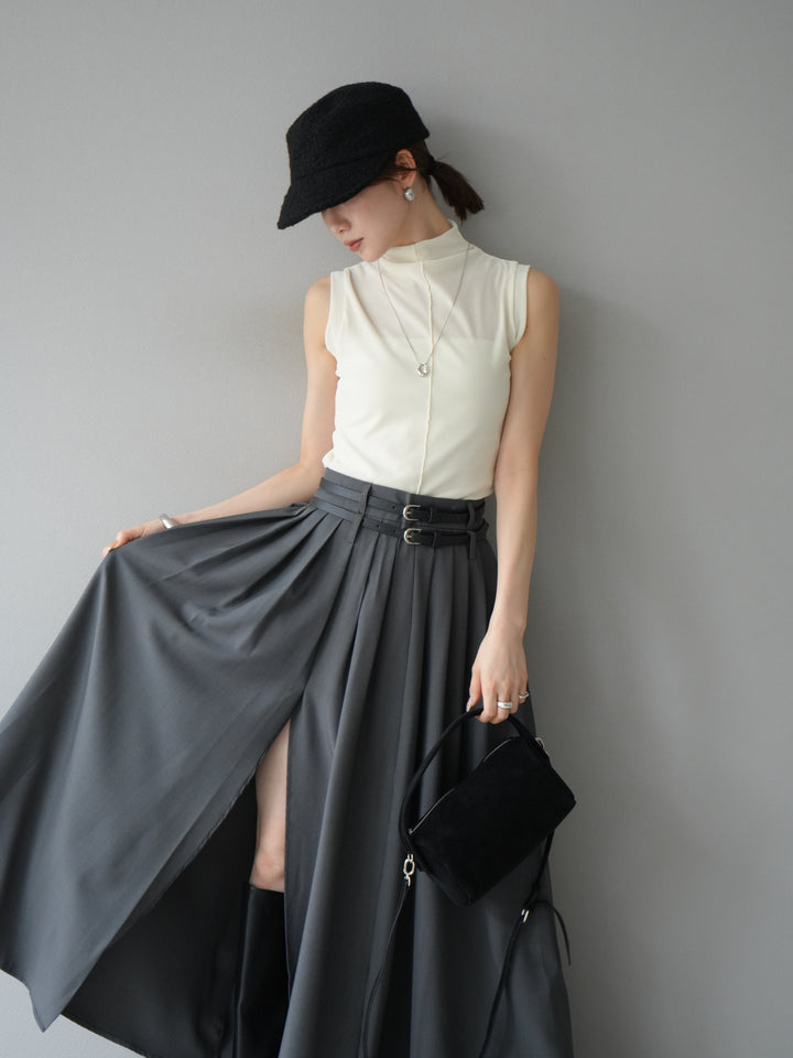 [SET]シアーベロアプチネックノースリーブトップス+エステルプリーツスリットスカート(2set)