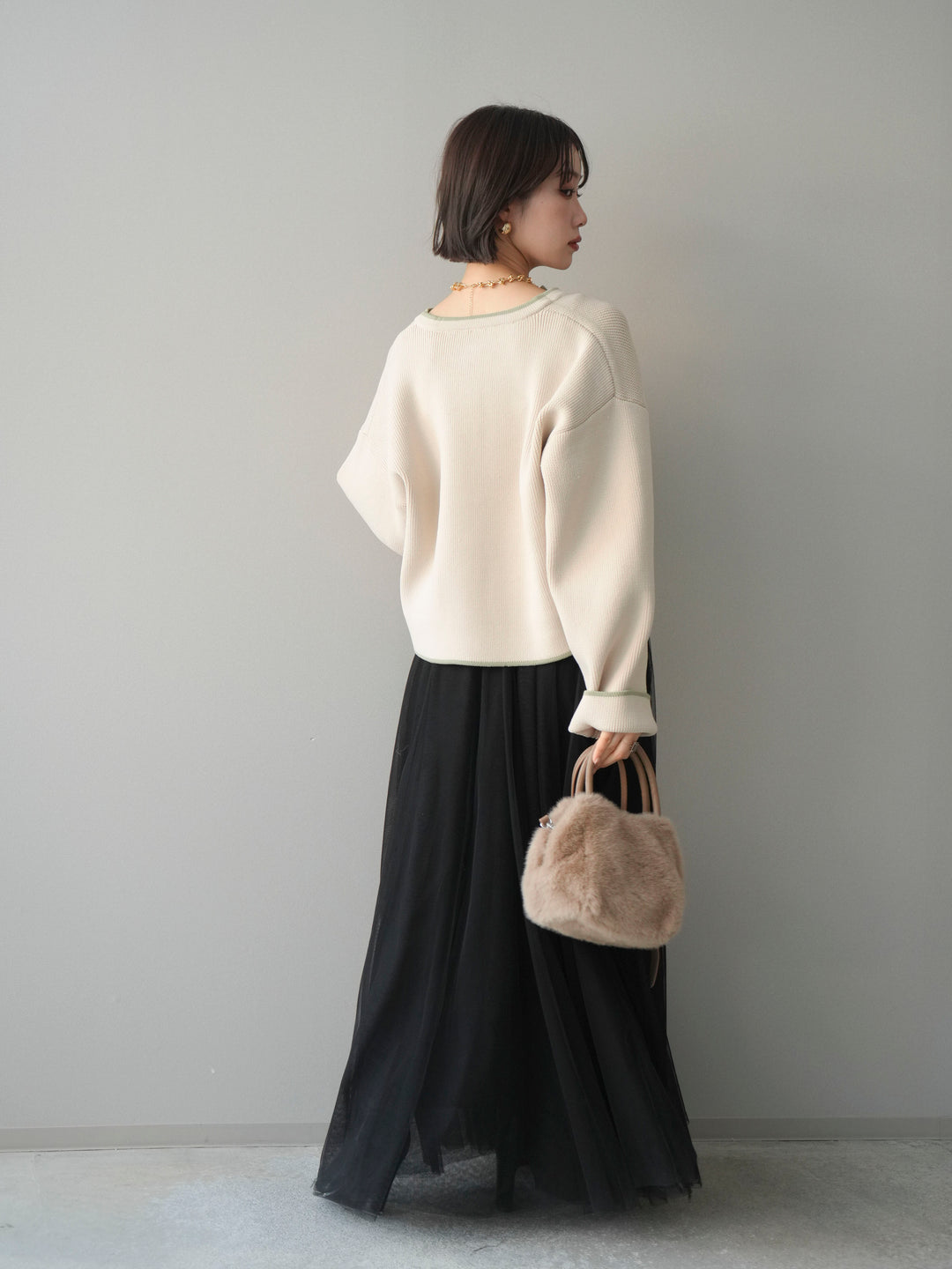 [SET]ポリエステル配色ニットカーディガン+チュールボリュームスカート(2set)
