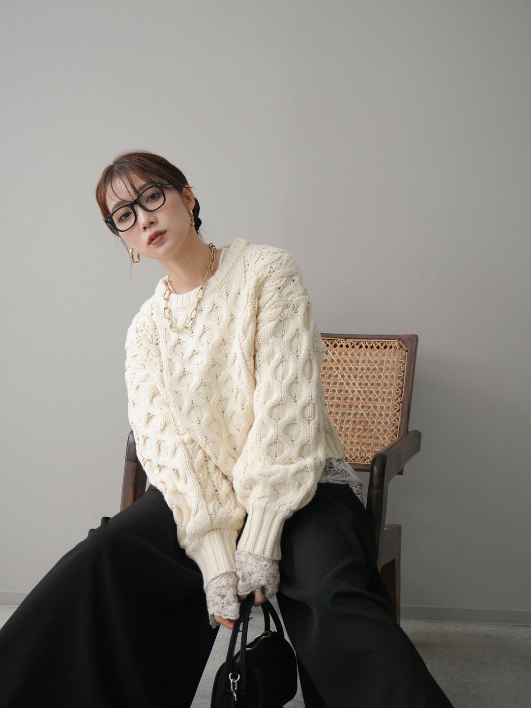 [SET]バルキーケーブルクロップドニットプルオーバー+テープベルトタックバギーパンツ(2set)