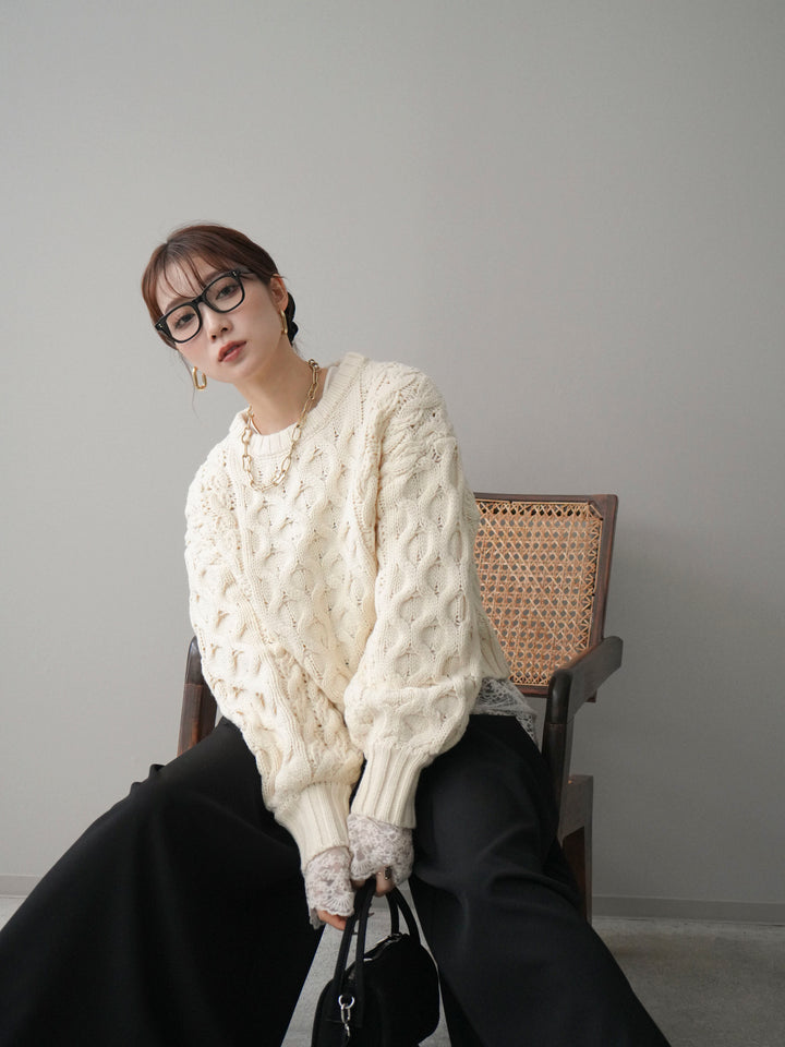 [SET]バルキーケーブルクロップドニットプルオーバー+テープベルトタックバギーパンツ(2set)