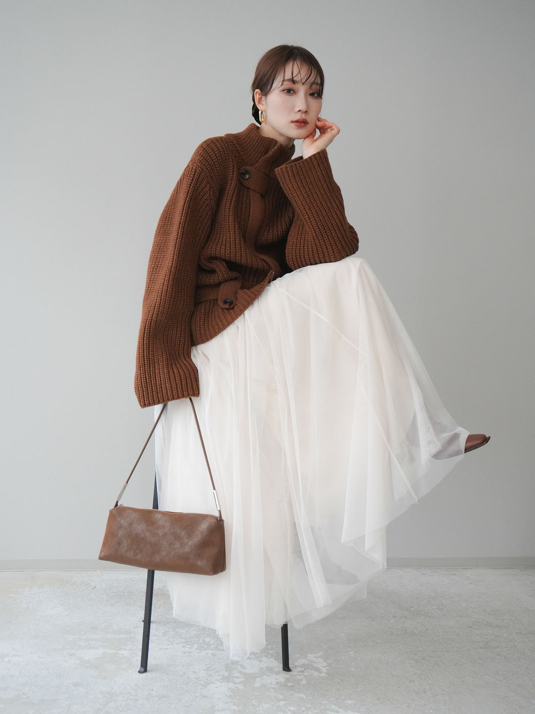 [SET]畦編みボトルネックZIPニットカーディガン+チュールボリュームスカート(2set)