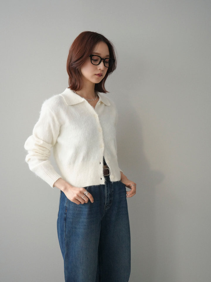 [SET]モヘア衿付きボタンプルオーバー+裏起毛裾フリンジワイドデニムパンツ(2set)