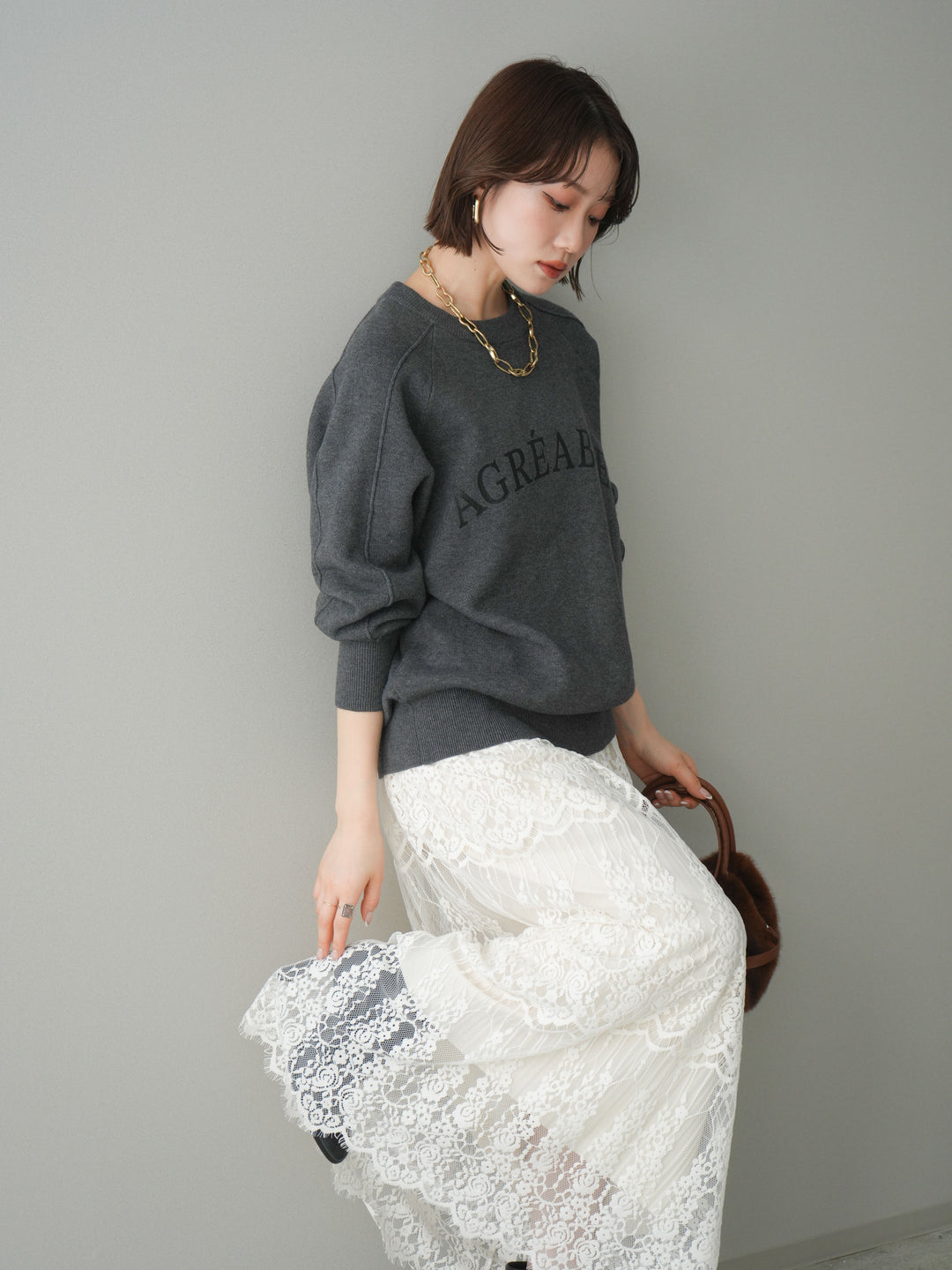 [予約]半ラバープリントロゴスウェットライクニットプルオーバー/mokucharcoal