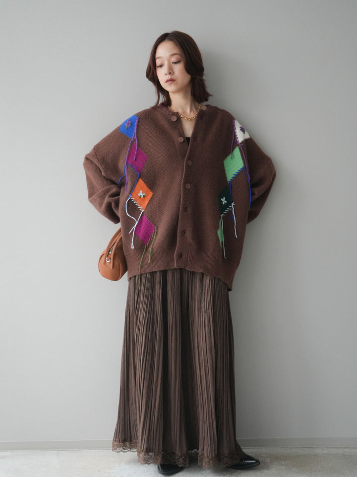 [SET]ハンドステッチアーガイルデザインニットカーディガン+裾レーススウェードプリーツマキシスカート(2set)