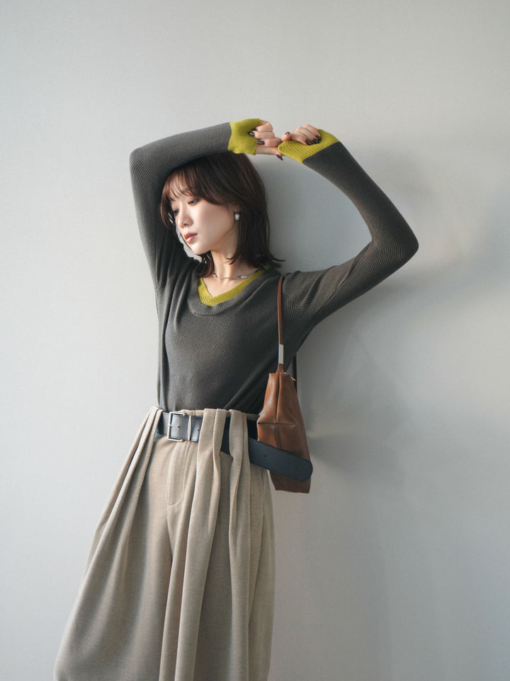 [予約]Uネック配色レイヤードリブニットトップス/gray