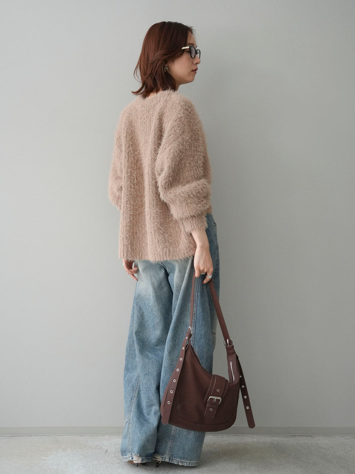 [SET]ボリュームスリーブシャギー MIXニットプルオーバー+ベルト付カーブデニムパンツ(2set)
