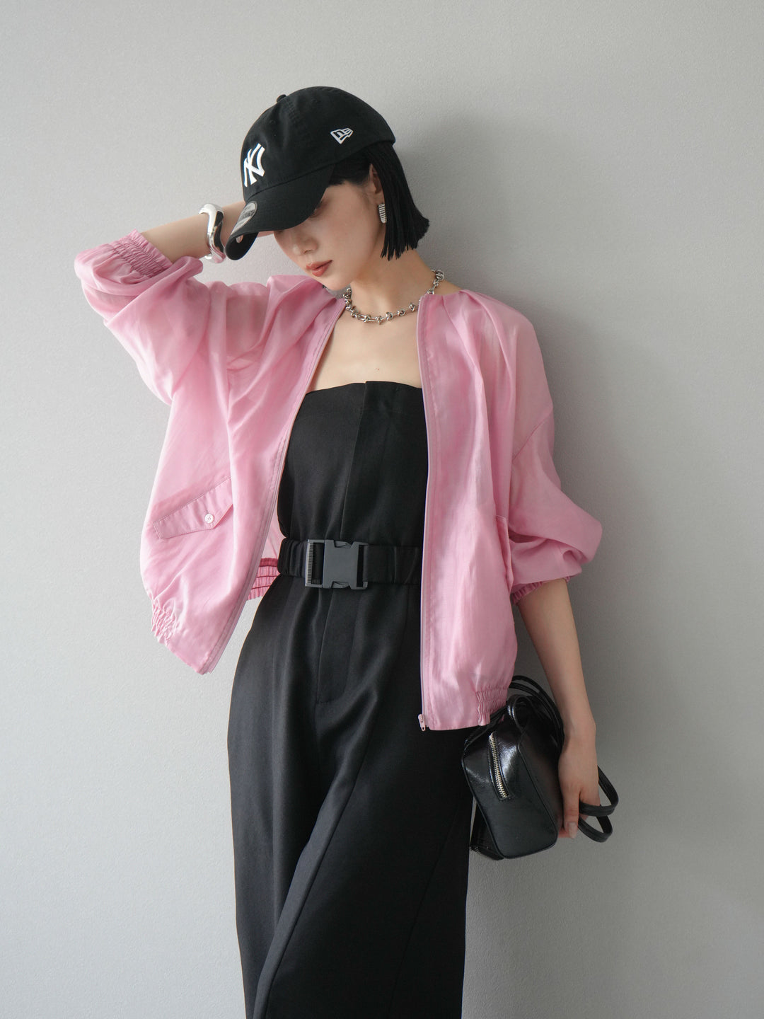 【預購】混色斜紋腰帶熊圖案工裝褲/黑色