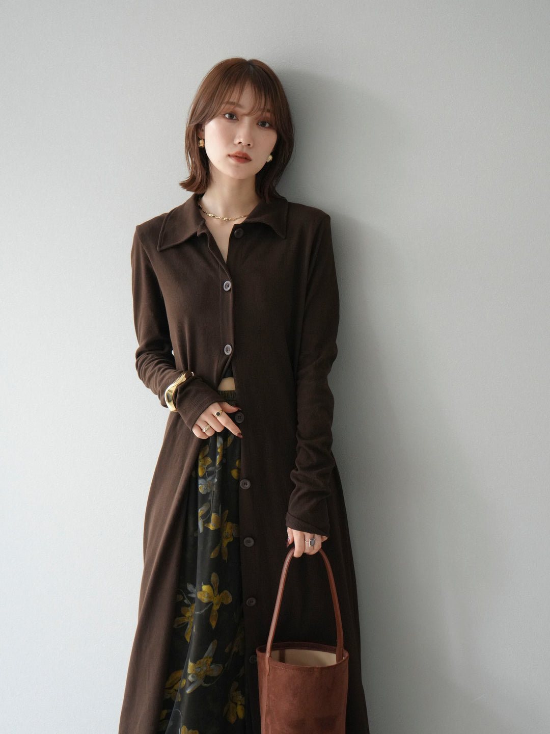 [SET]襟付きカットリブボタンワンピース+フラワープリントチュールレイヤードパンツ(2set)