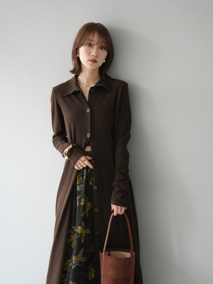 [SET]襟付きカットリブボタンワンピース+フラワープリントチュールレイヤードパンツ(2set)