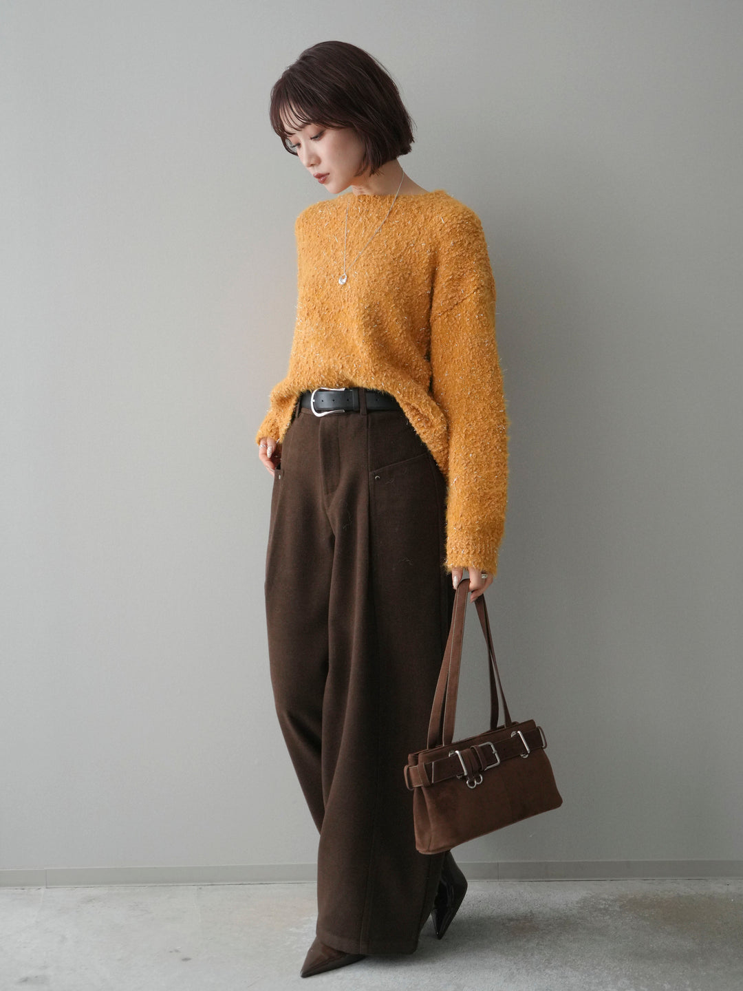[SET]モールラメミックスヤーンニットプルオーバー+ベルト付起毛コクーンパンツ(2set)