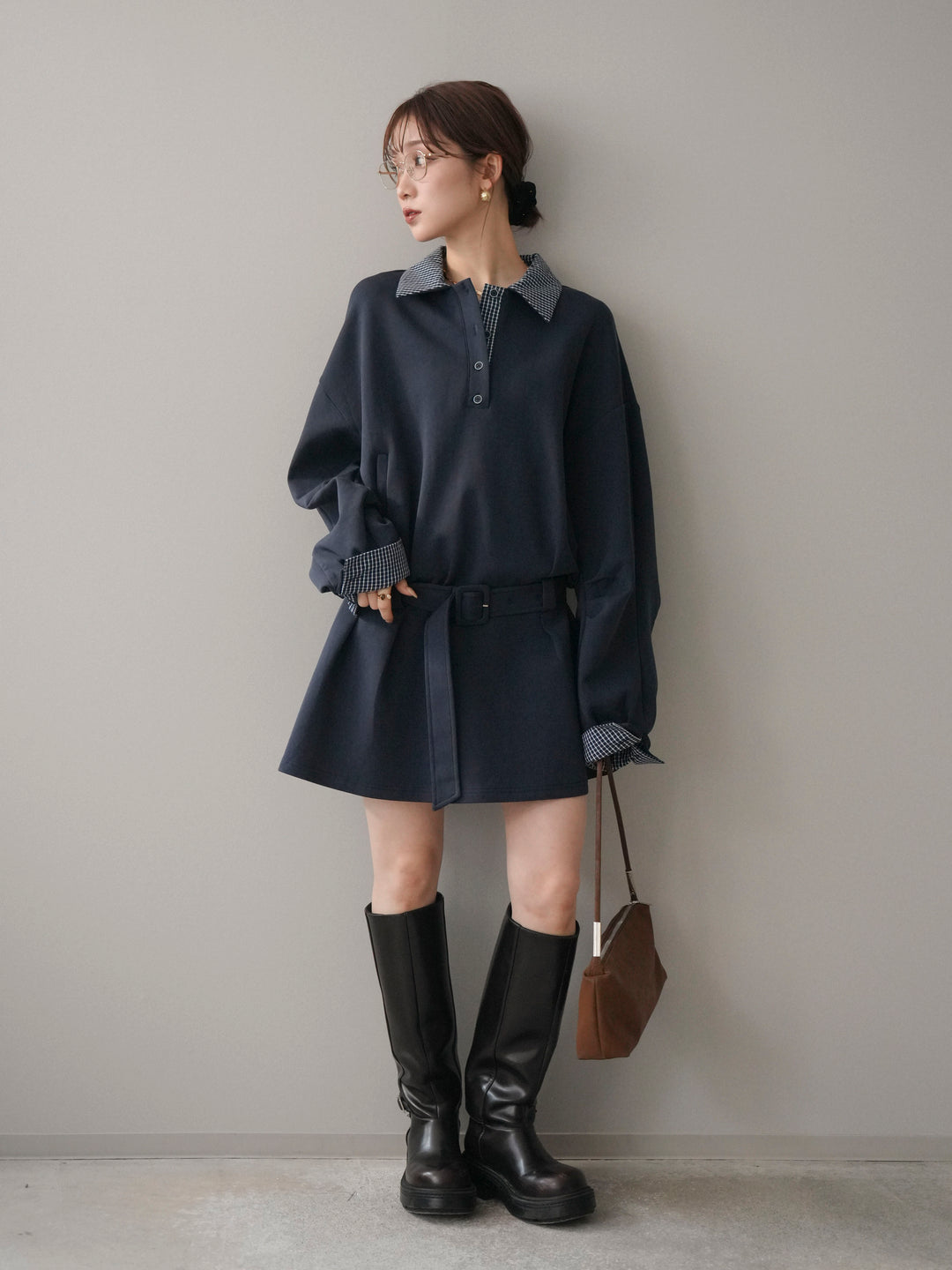 [予約]チェック襟xスエットミニワンピース/blue