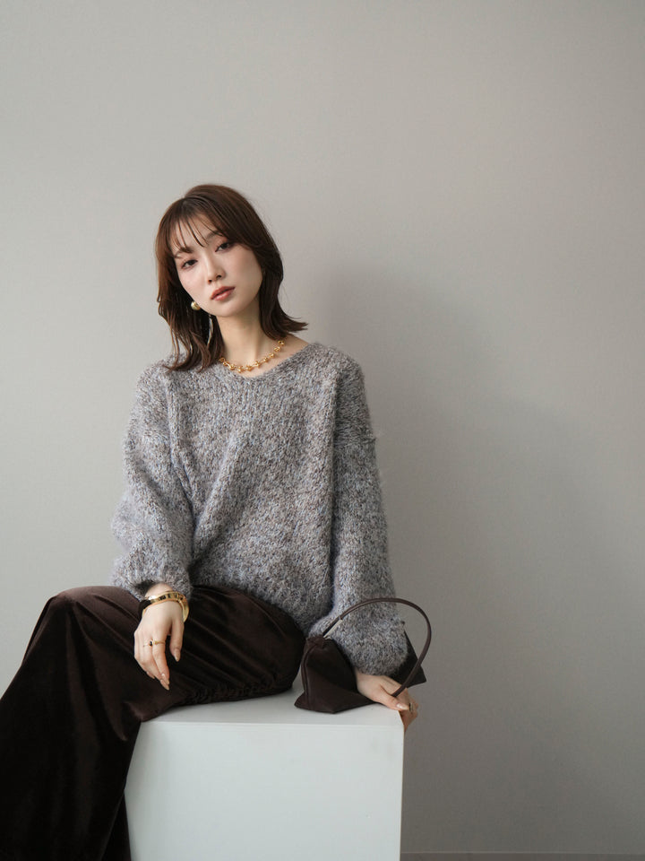 [SET]Vネックミックスヤーンニットプルオーバー+ギャザーベロアスカート(2set)