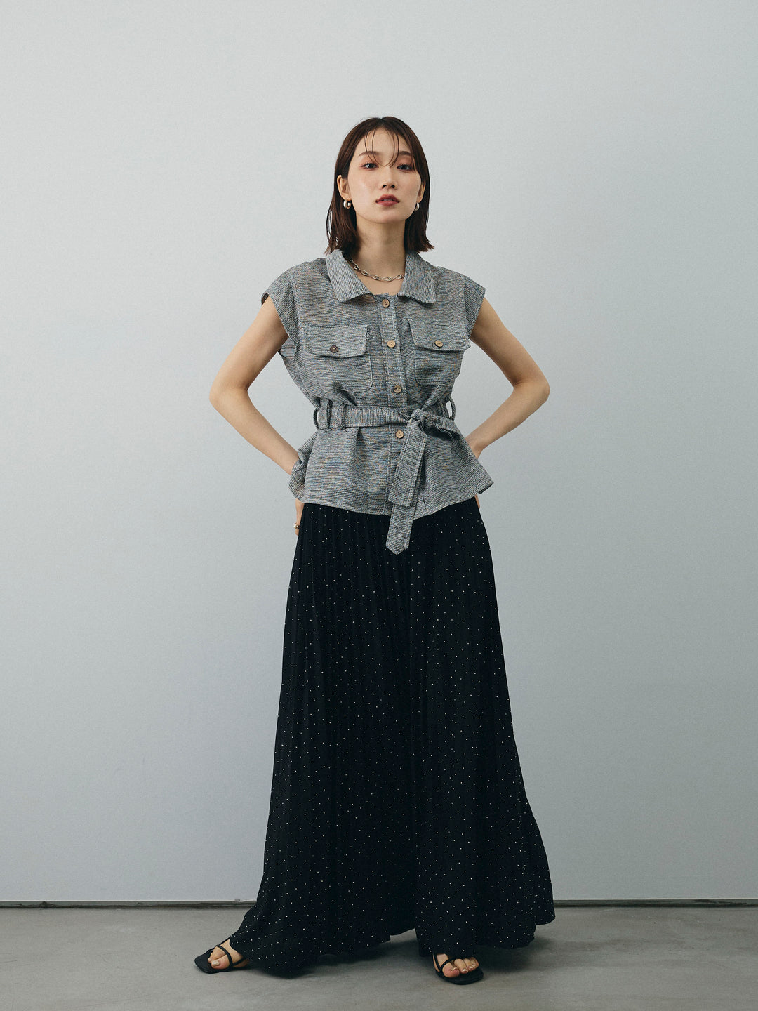 [予約]ラインストーンプリーツスカート/ブラック