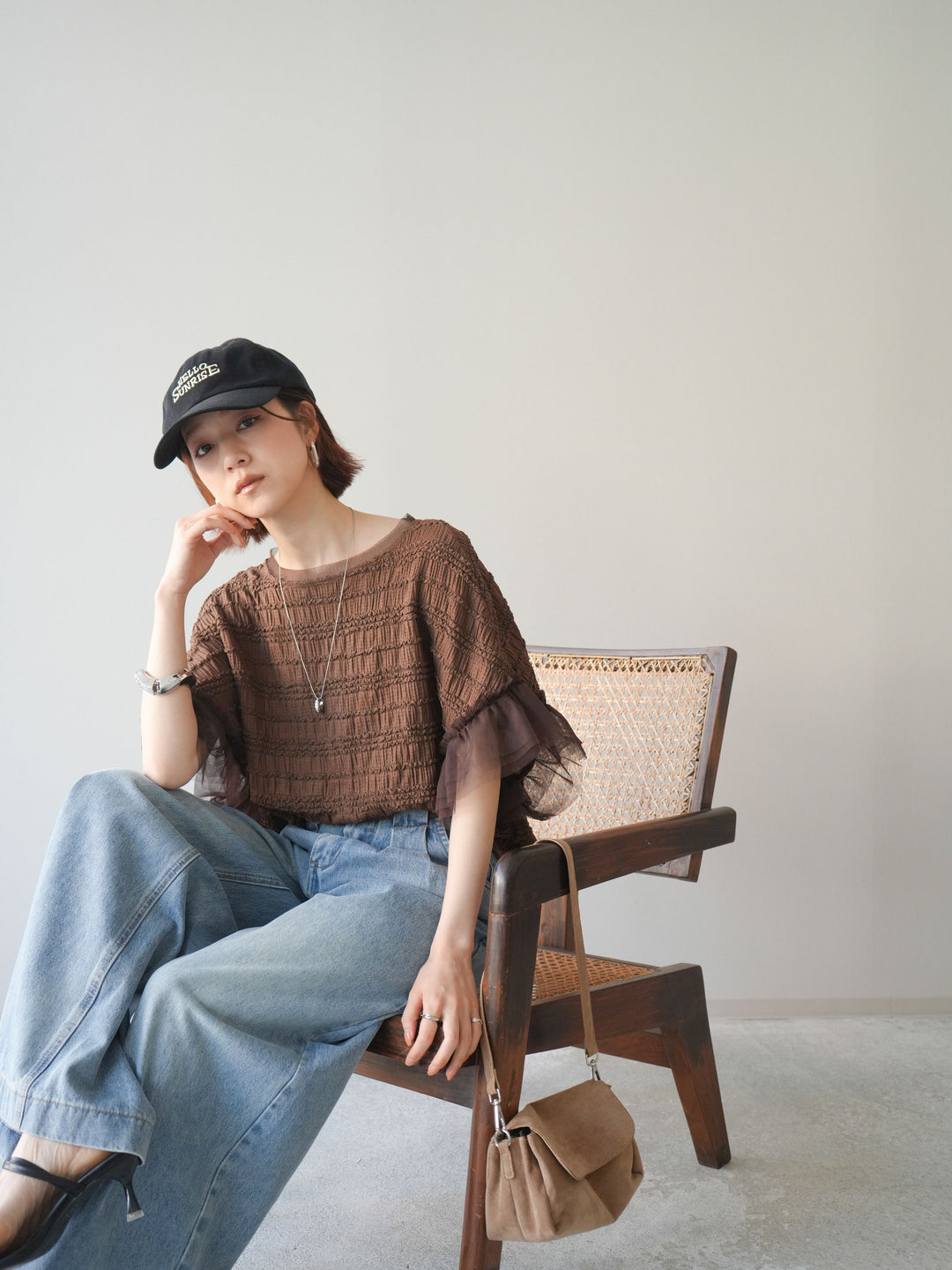 [予約]チュール袖リップルトップス/brown