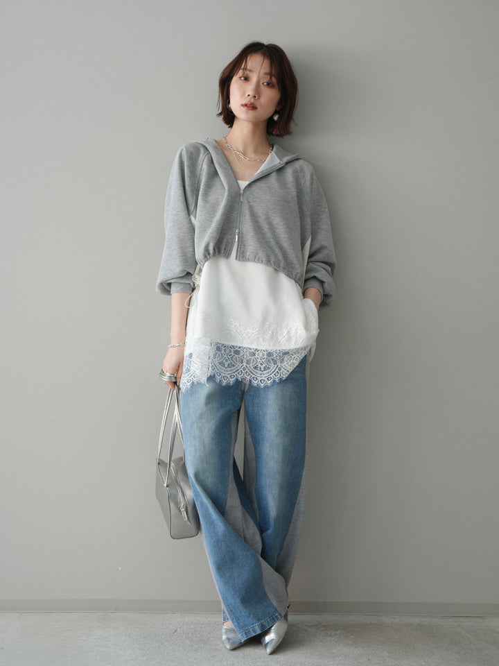 [予約]バイカラー異素材ライトポンチクロップドZIPフーディー/gray