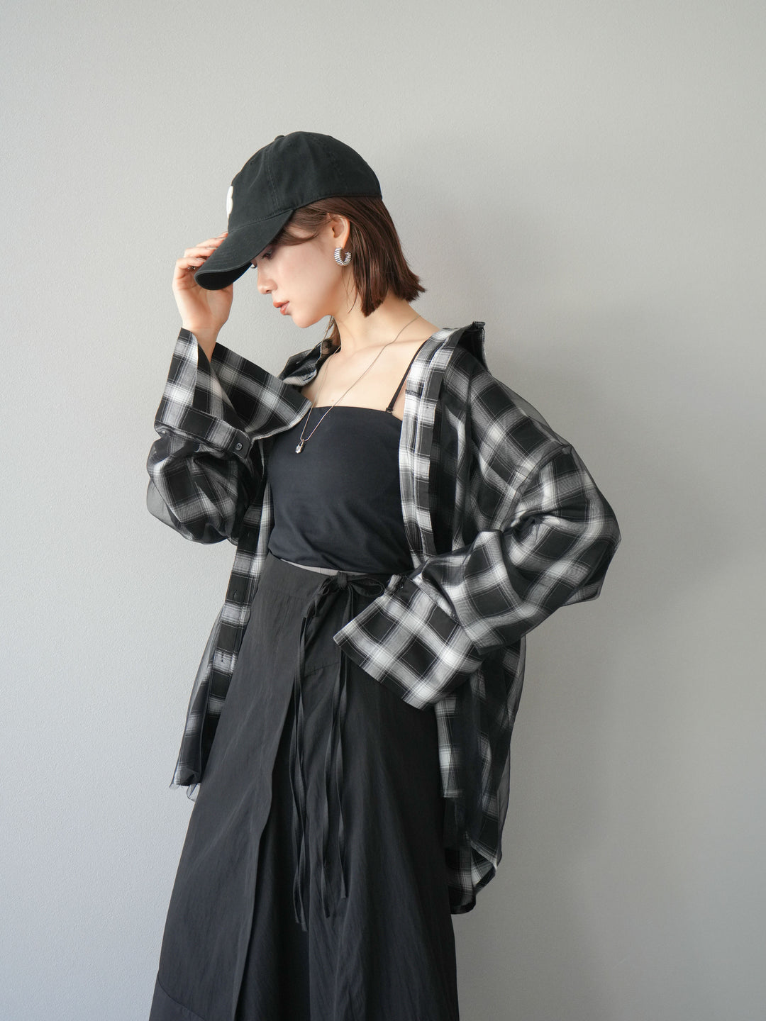 [予約]チュールドッキングチェック柄オーバーサイズシャツ/ブラック