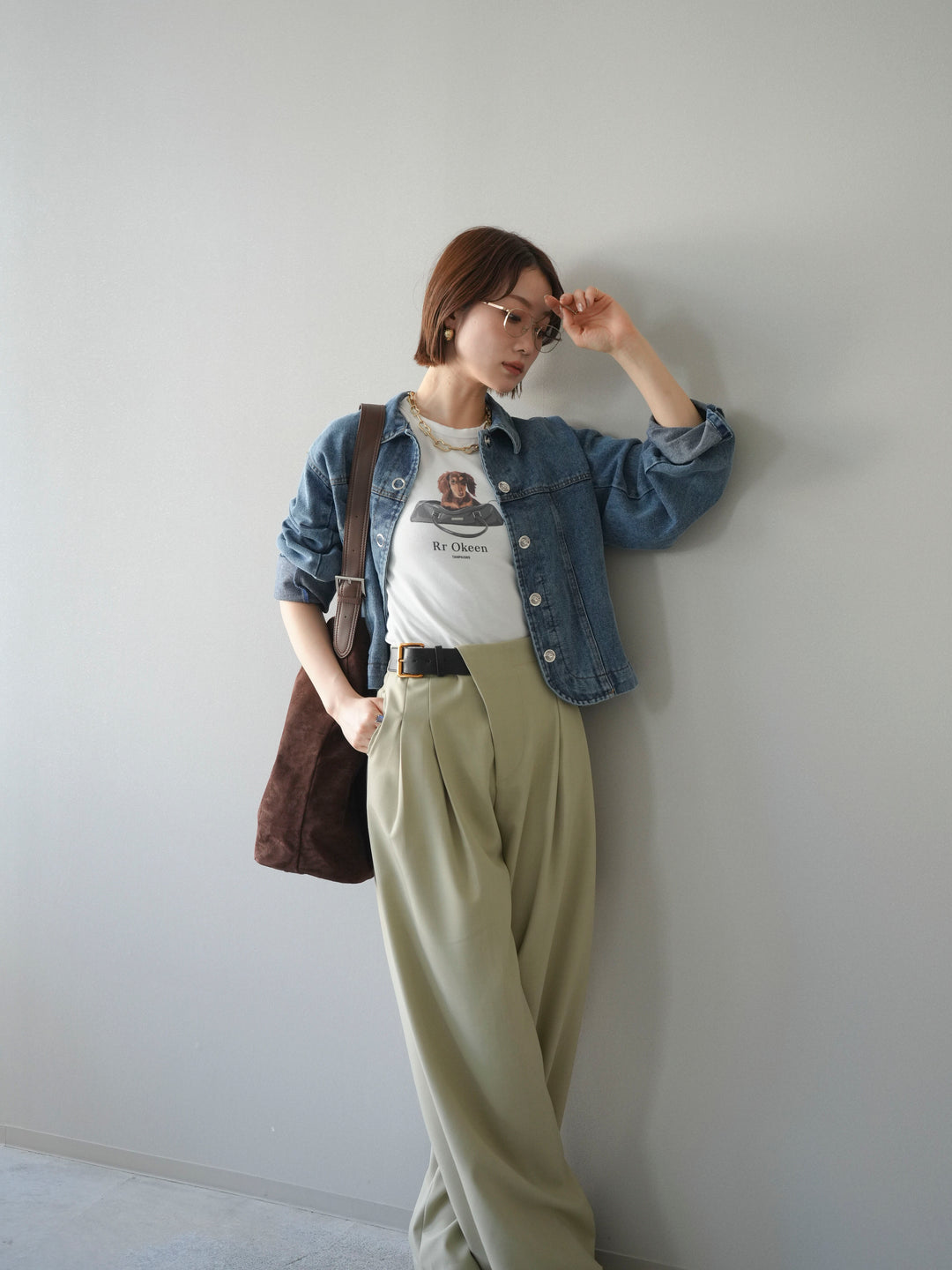 [SET]ラウンドカットコンパクトデニムジャケット+ドッグコンパクトTEE(2set)