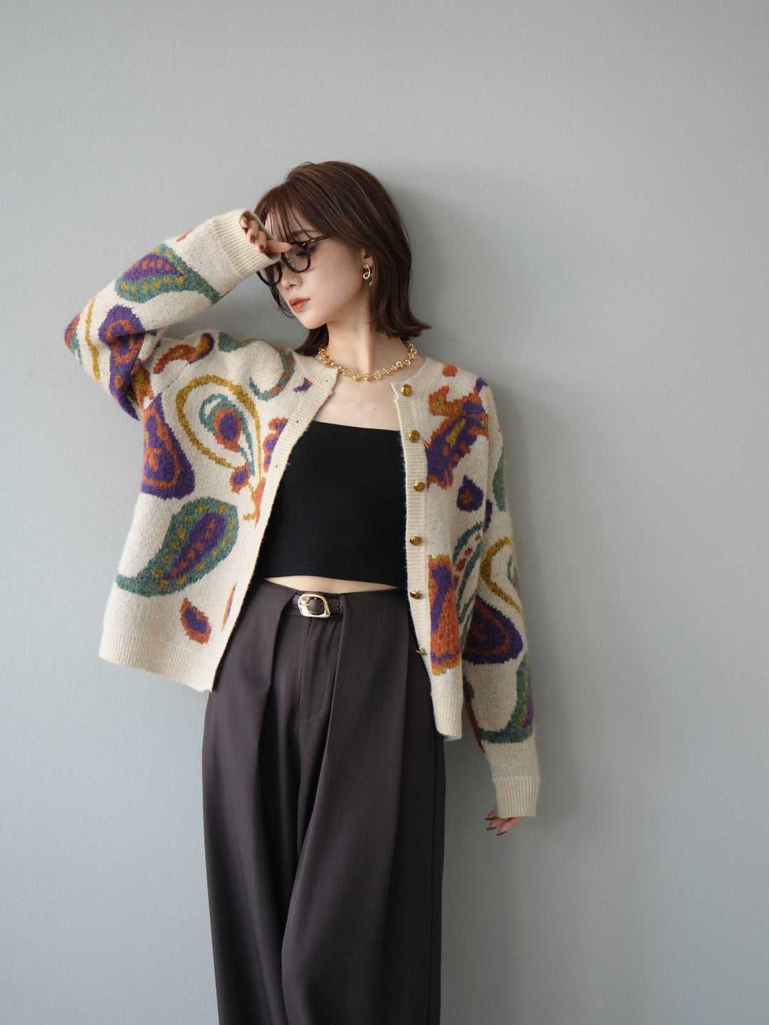 [予約]ミックスヤーンペイズリー柄ニットカーディガン/アイボリー