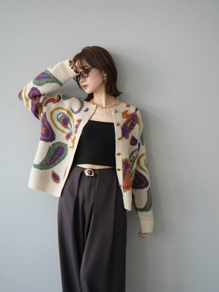 [予約]ミックスヤーンペイズリー柄ニットカーディガン/アイボリー