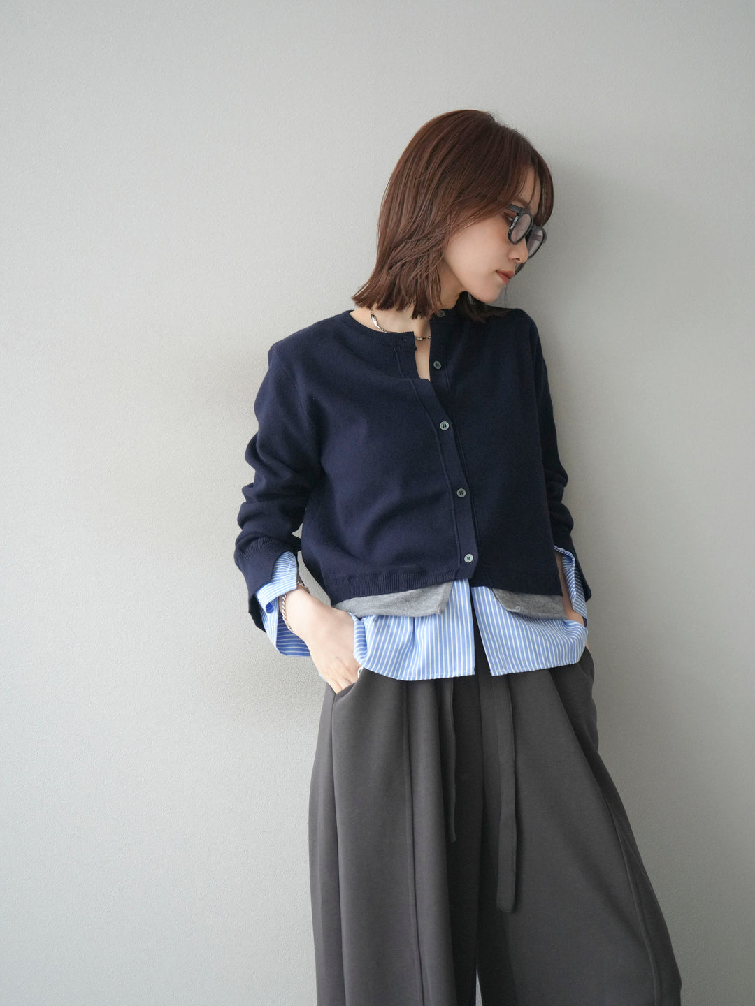[予約]シャツ襟レイヤードニットカーディガン/navy