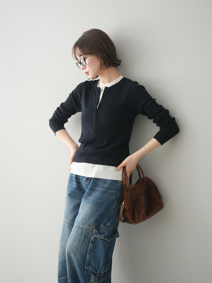 [予約]フロントジップ配色レイヤードニットトップス/navy