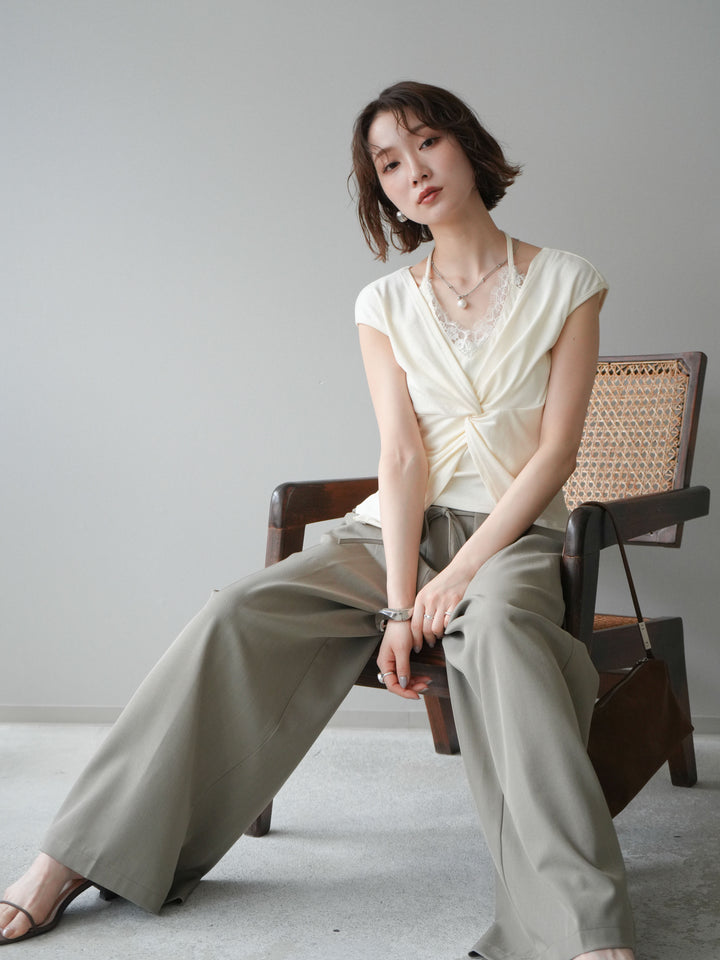【套裝】前扭結羅紋上衣+抽繩闊腿褲（兩件套）