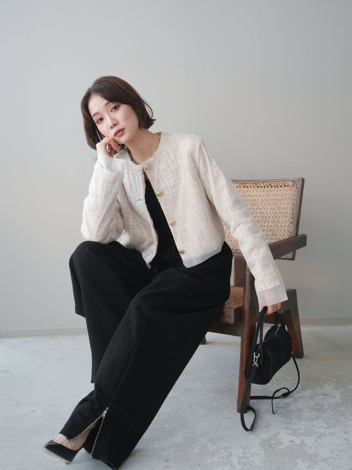 [予約]チュールレイヤードツイードクロップドジャケット/orange