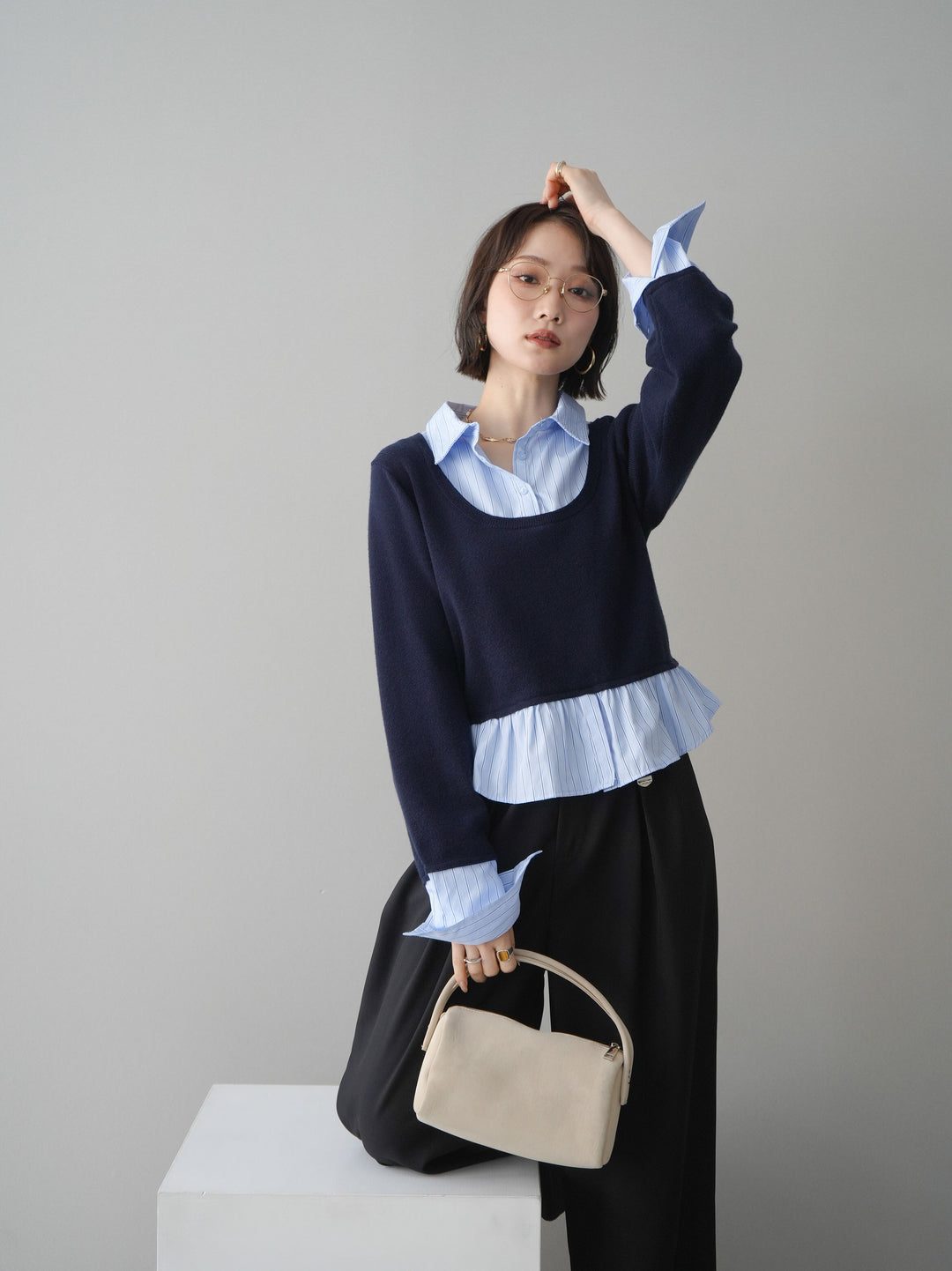 [SET]ストライプシャツUネックドッキングニットプルオーバー+選べるアクセセット(2set)