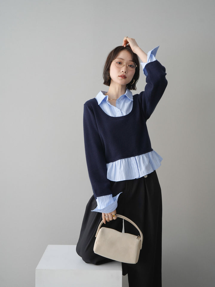 [SET]ストライプシャツUネックドッキングニットプルオーバー+選べるアクセセット(2set)