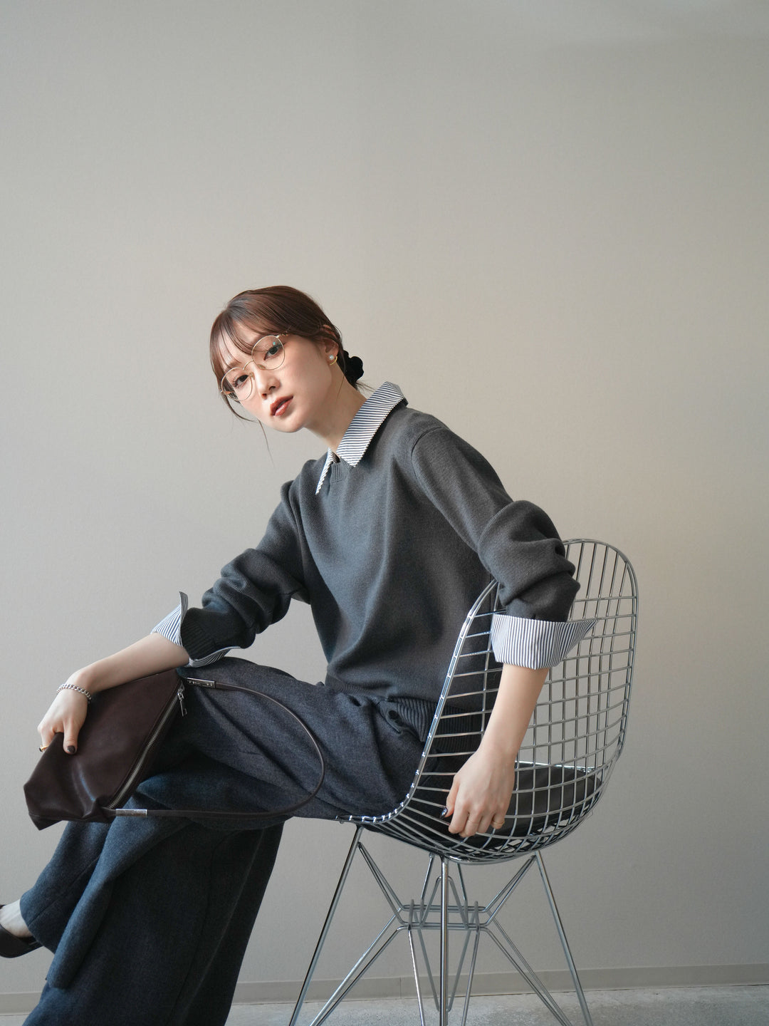 [予約]シャツドッキングデザイン裾ボタンニットプルオーバー/gray