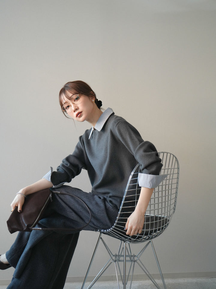 [予約]シャツドッキングデザイン裾ボタンニットプルオーバー/gray