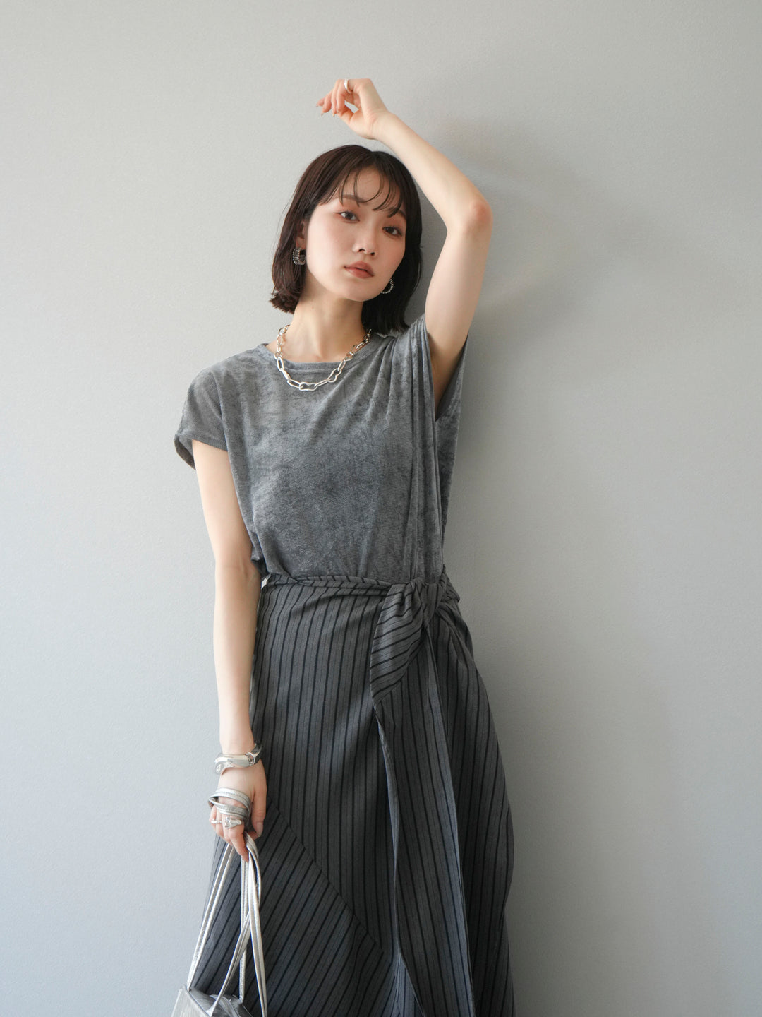 [SET]シアーベロアプルオーバー+サイド巻きツイルスカート(2set)